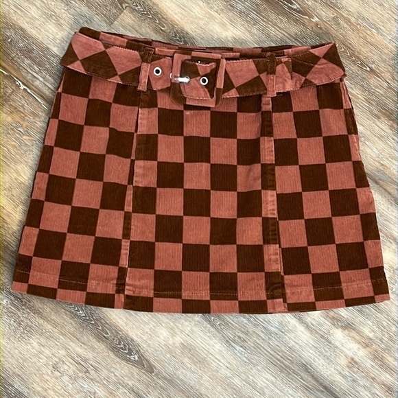 Womens Go-go Mini Skirt Size 6 Corduroy Chestnut Check Belt 70s Wild Fable - Picture 11 of 12